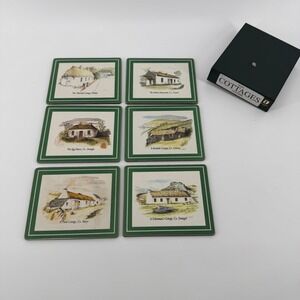 Lucan Designers Coaster Set Green Illustrated Cork Irish Cottages 6pc